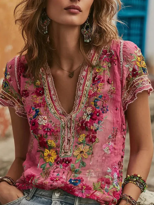 Boheemse dames-T-shirt van linnenmix met bloemenborduursel, patchwork en V-hals