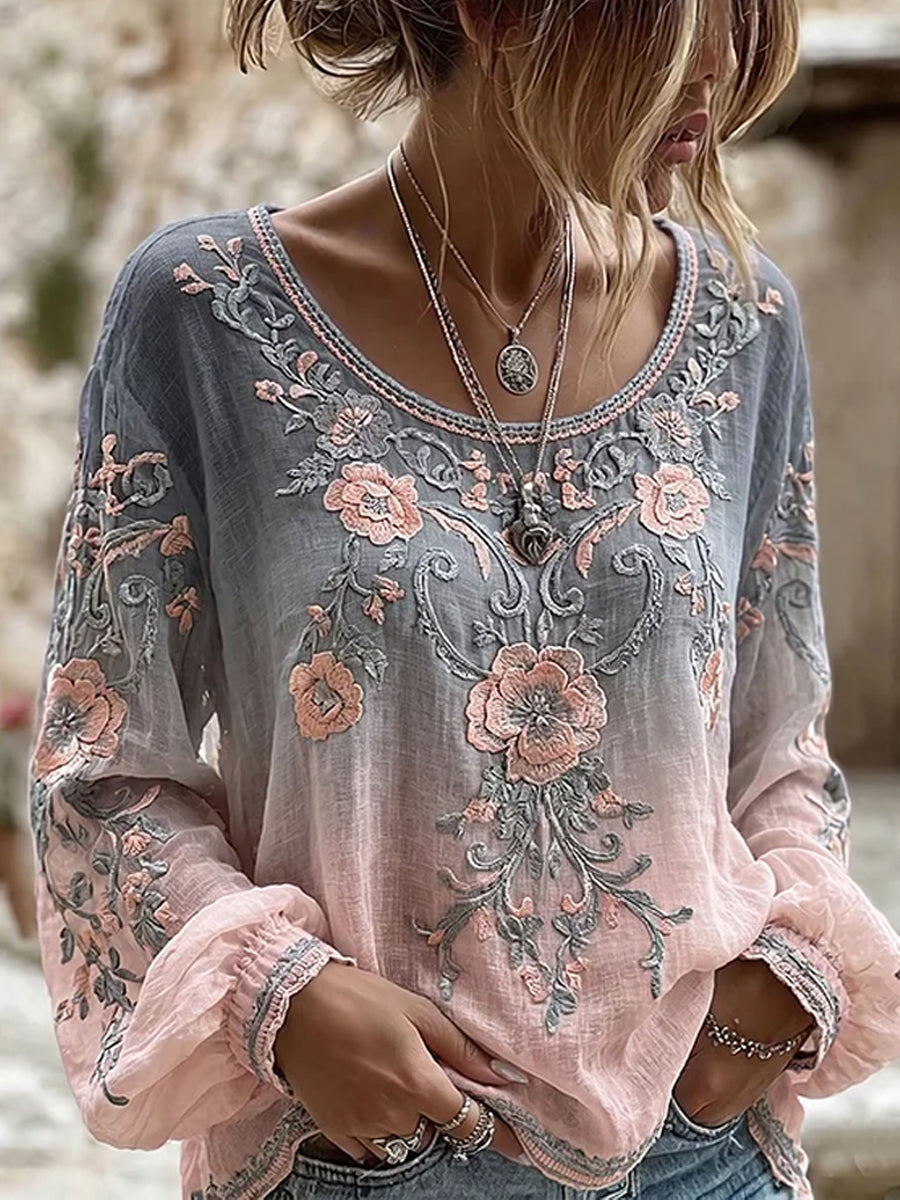 Casual katoen-linnen top voor dames met vintage bloemenkunstprint