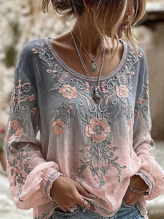 Casual katoen-linnen top voor dames met vintage bloemenkunstprint