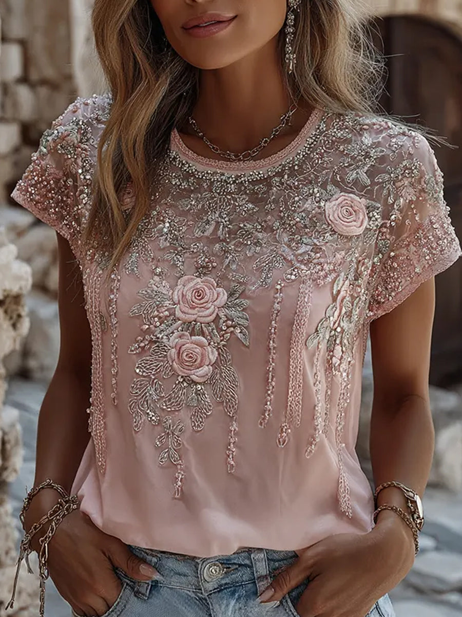 Damesretro T-shirt met geborduurde bloemen en kunstprint, casual en comfortabel