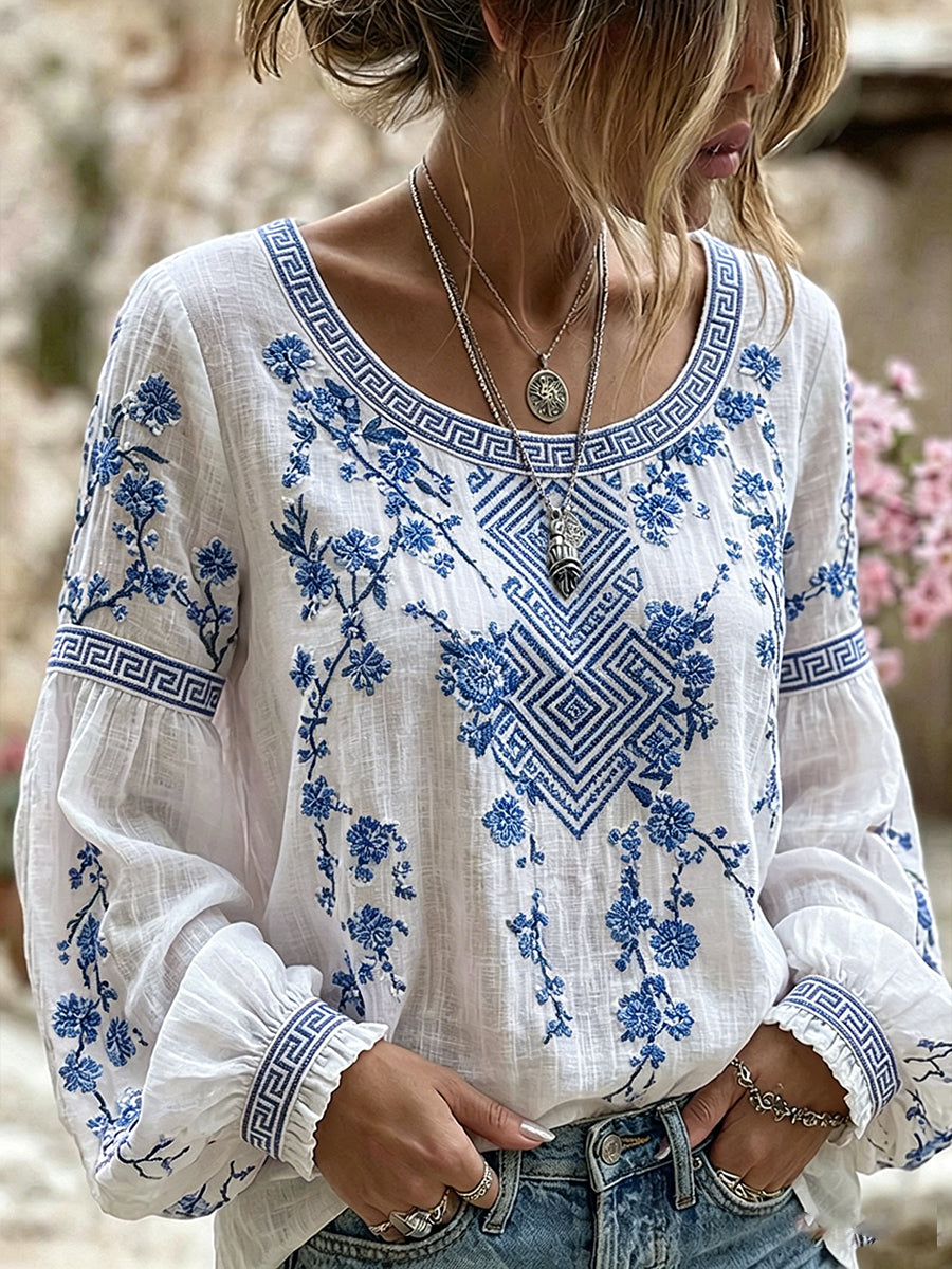 Casual katoen-linnen top voor dames met vintage bloemenkunstprint
