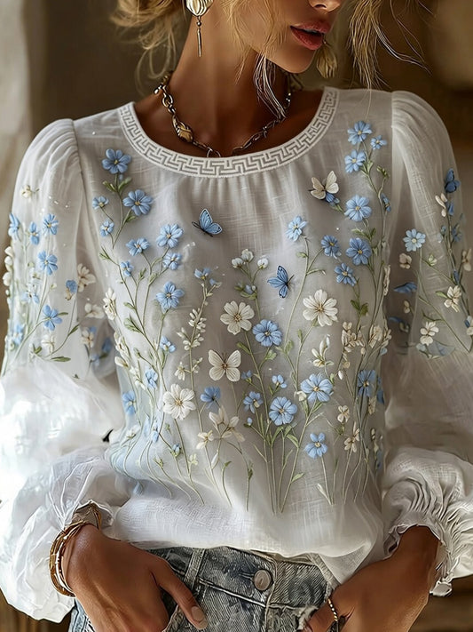 Casual katoen-linnen top voor dames met vintage bloemenkunstprint