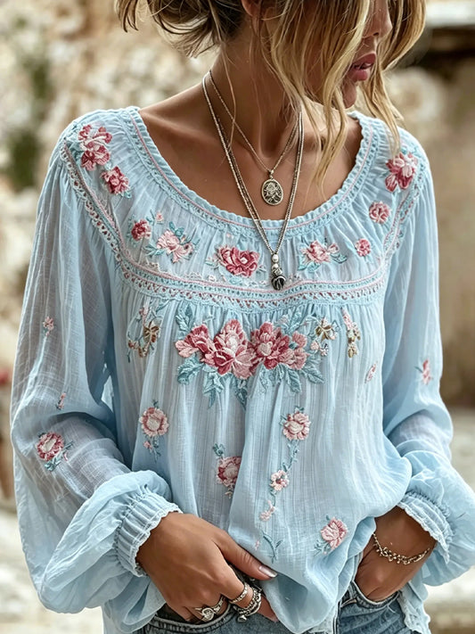 Casual katoen-linnen top voor dames met vintage bloemenkunstprint