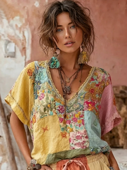 Boheemse dames-T-shirt van linnenmix met bloemenborduursel, patchwork en V-hals
