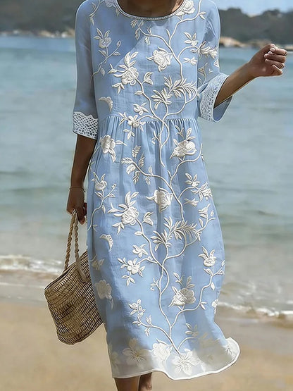 Damesjurk van middellange lengte in vintage, bloemenprint en bohemianstijl, gemaakt van elegant katoen-linnen