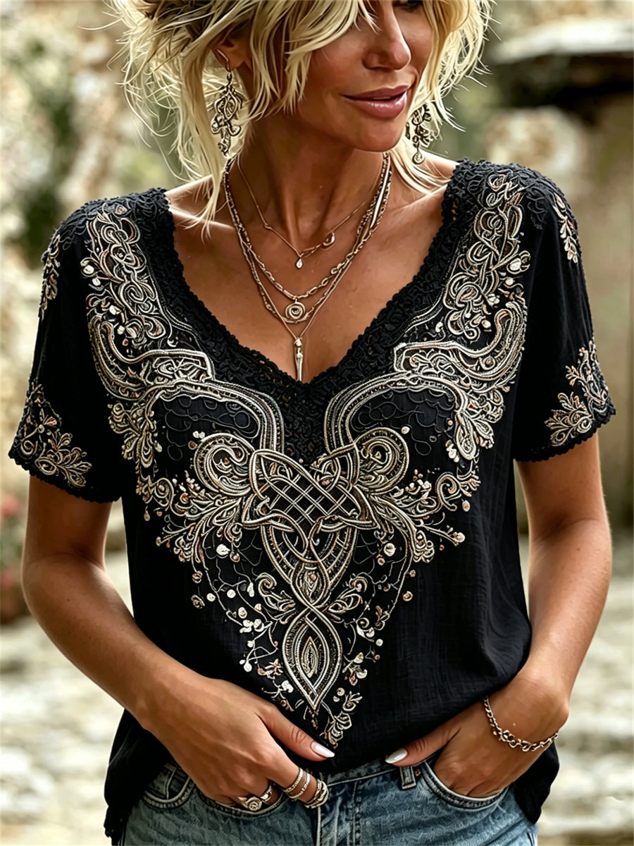 Stijlvolle Viking Keltische knoopkunstprint linnen T-shirt met korte mouwen voor dames