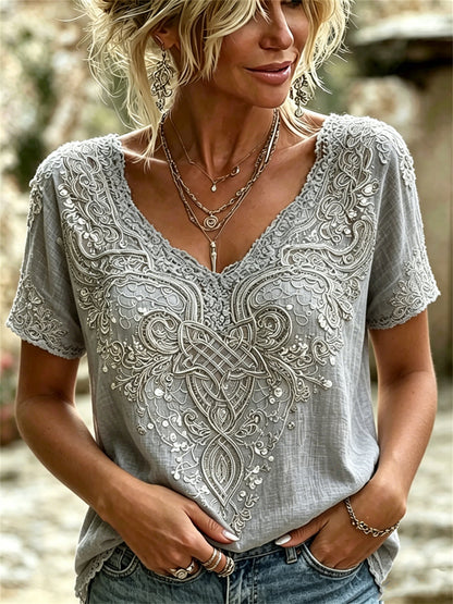 Stijlvolle Viking Keltische knoopkunstprint linnen T-shirt met korte mouwen voor dames
