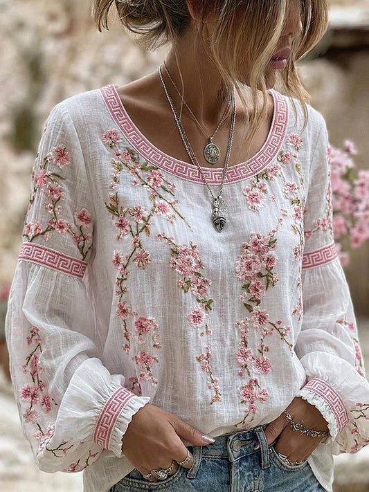 Dames vintage stijl casual katoen-linnen top met geborduurde bloemen en bedrukt patchwork