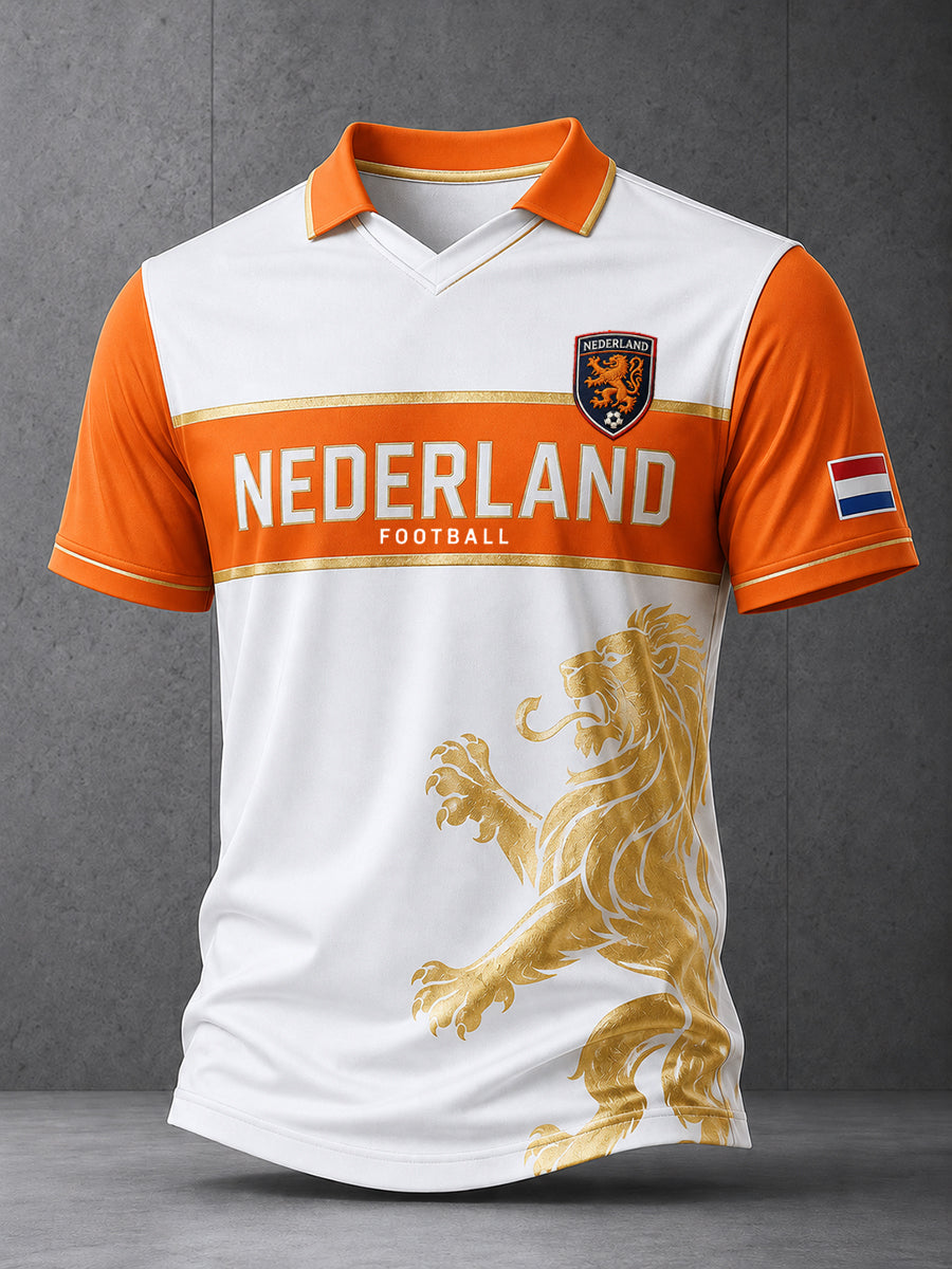 Herenpolo met korte mouwen en raglanmouwen, voorzien van een voetbalpatroon met leeuwen