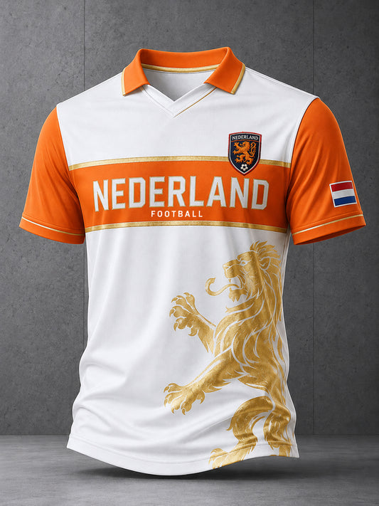 Herenpolo met korte mouwen en raglanmouwen, voorzien van een voetbalpatroon met leeuwen
