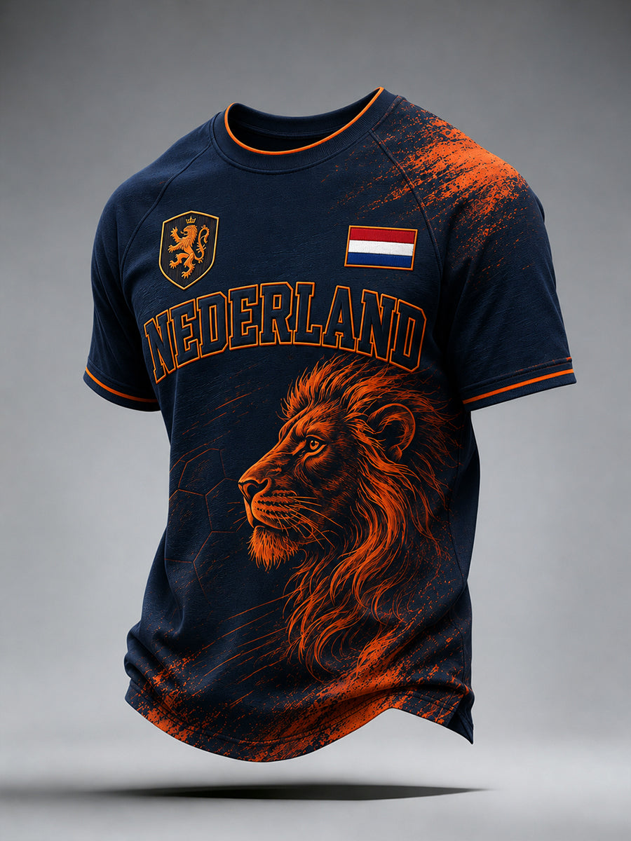 Heren T-shirt met leeuwenvoetbalpatroon, raglanmouwen en korte mouwen