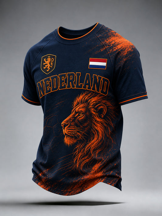 Heren T-shirt met leeuwenvoetbalpatroon, raglanmouwen en korte mouwen