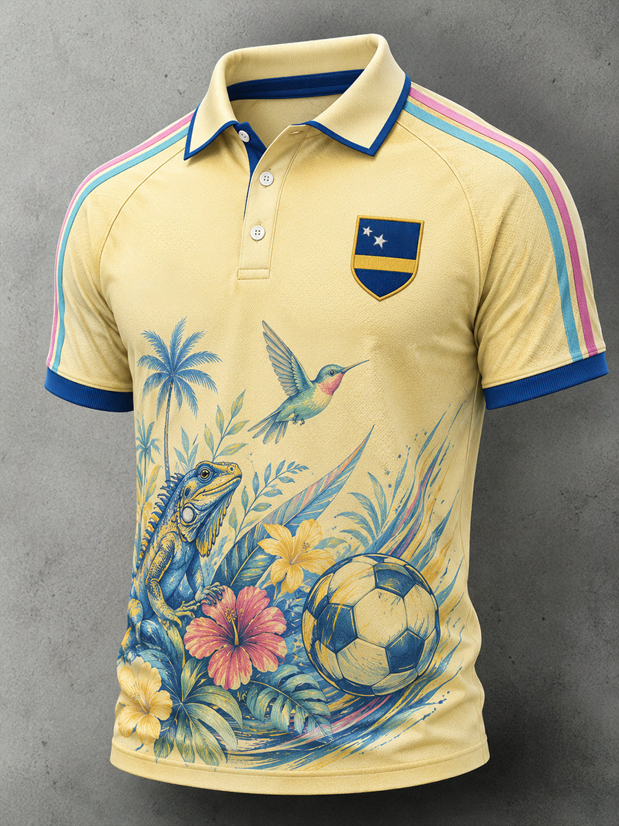 Casual poloshirt voor heren met voetbalprint en raglanmouwen, korte mouwen