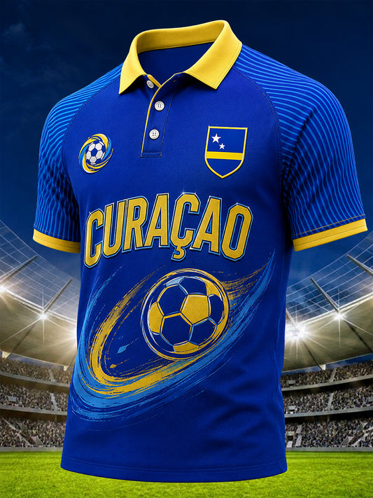 Football-themaprint voor heren, casual Raglan-mouw, poloshirt met korte mouwen