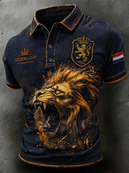 Herenvintage verontruste casual poloshirt met leeuwenmotiefprint