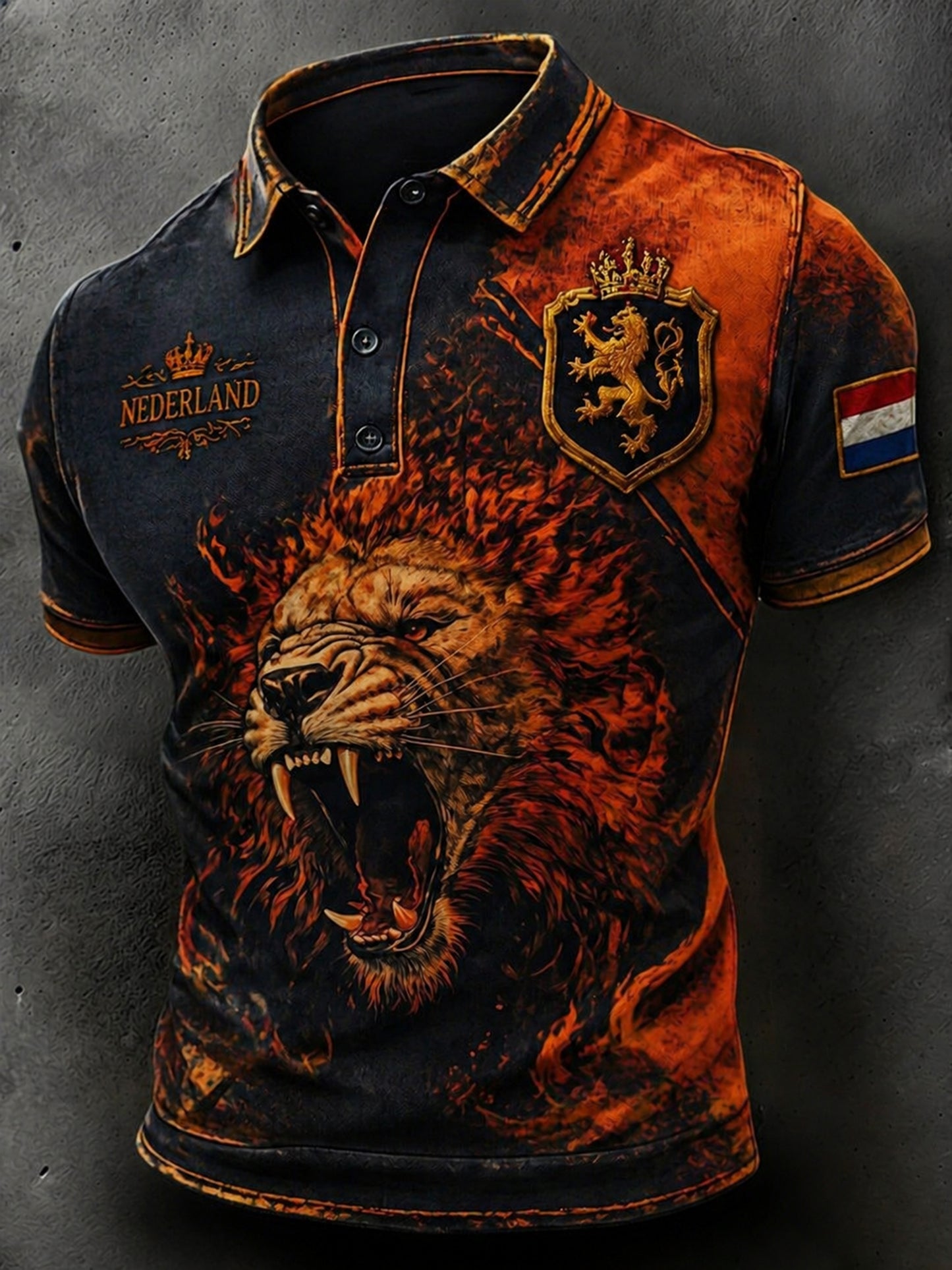 Herenpolo in vintagestijl met vervaagde look en casual pasvorm, versierd met een leeuwenmotief