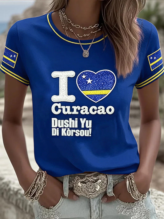 Dames blauwe Curaçao Hart Print Casual T-shirt