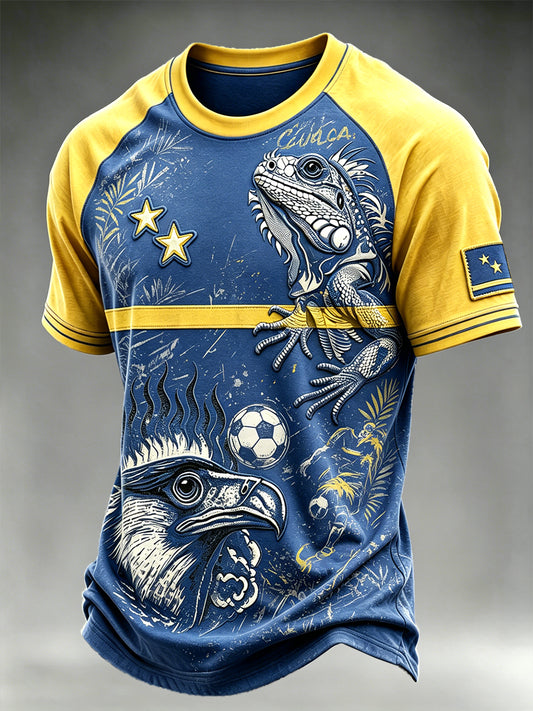 Heren blauw Curaçao voetbal 3D-geprint casual drop-shoulder T-shirt