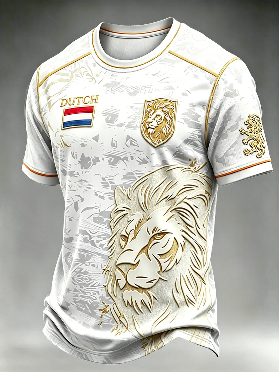 Heren Witte Nederlandse Voetbal Leeuw Camouflage Print Casual Drop-Shoulder T-Shirt