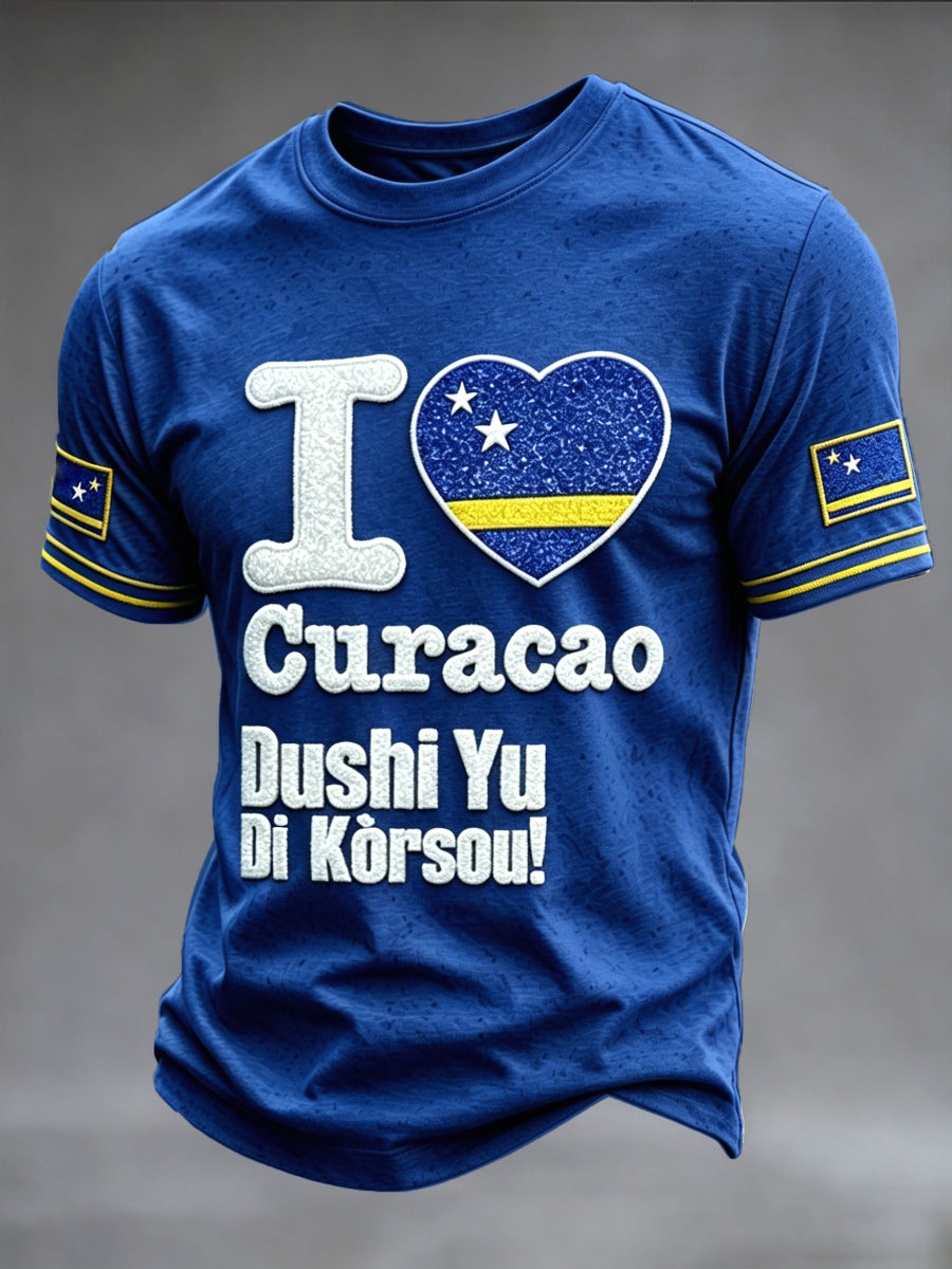 Navy Blue Curaçao Heart Print Casual T-shirt voor heren