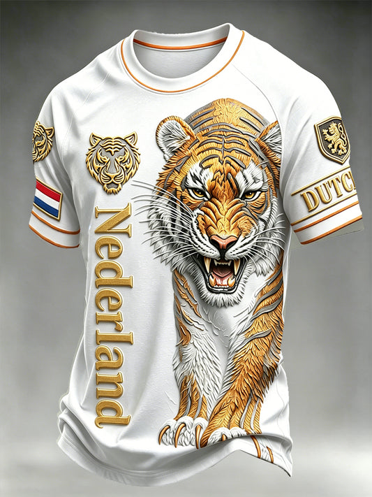 Heren Nederland Tijger 3D-Gedrukt Wit Casual Drop-Shoulder T-Shirt