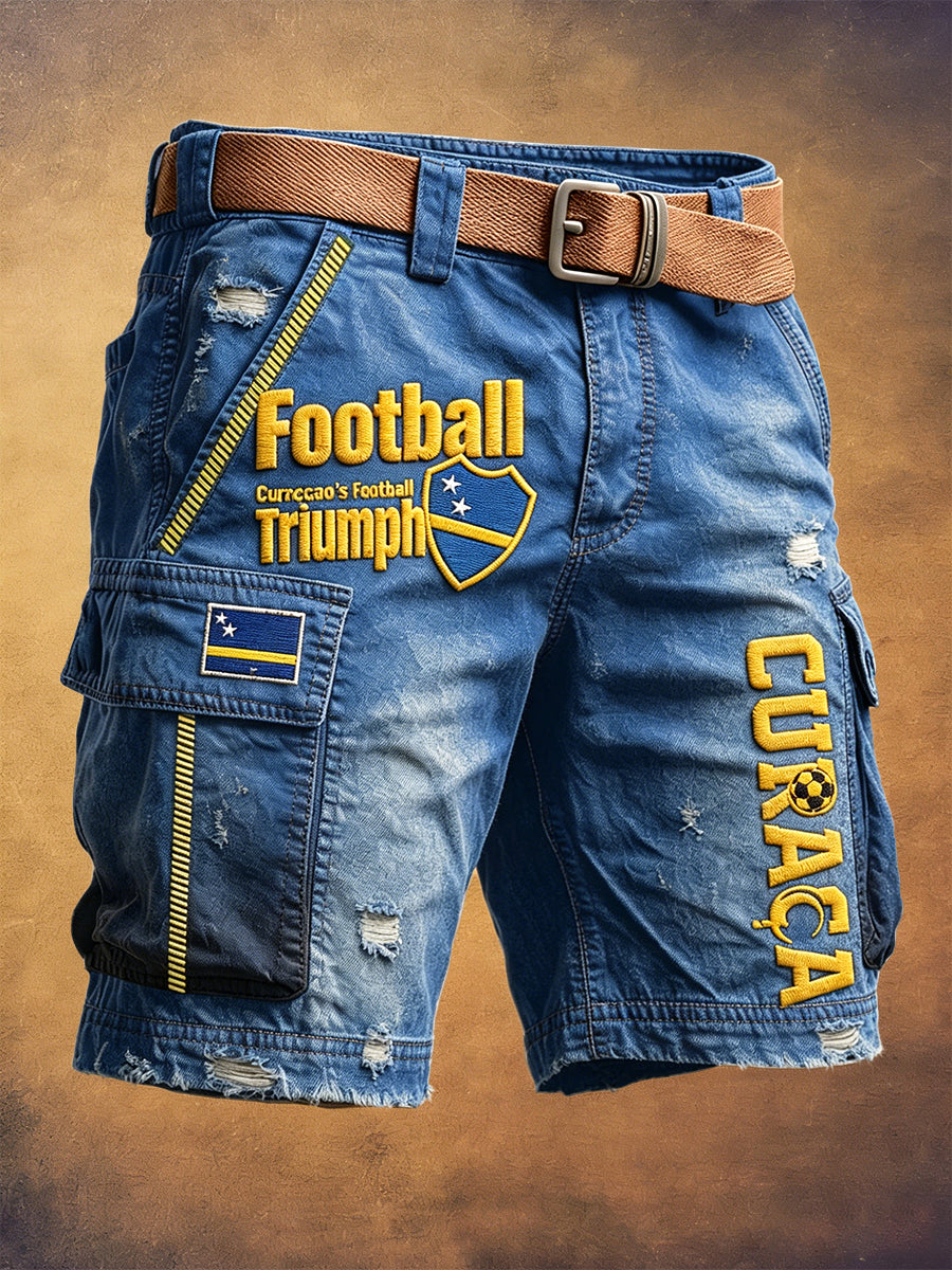 Herenblauwe Curaçao Voetbal Retro Print Casual Werk Shorts