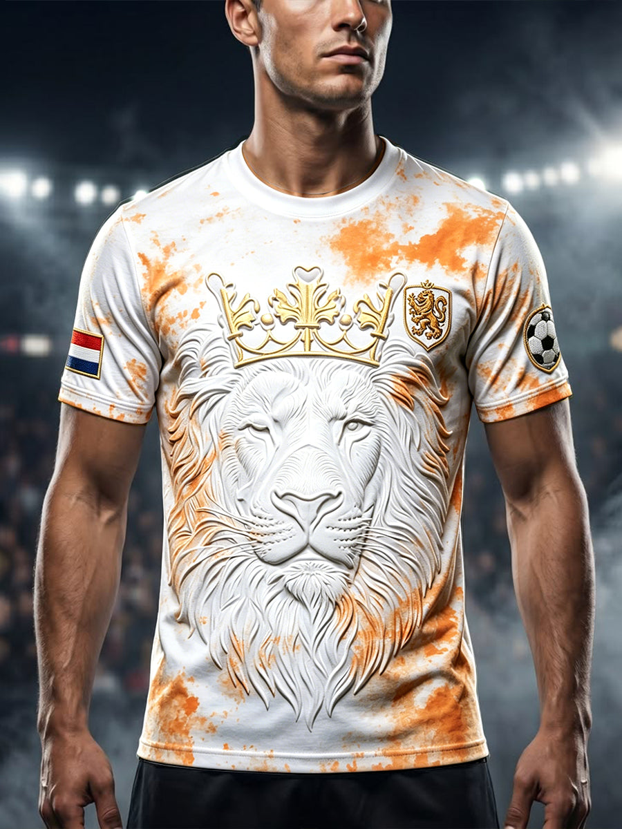 Wit graffiti casual T-shirt voor heren met 3D Nederlandse leeuwdruk