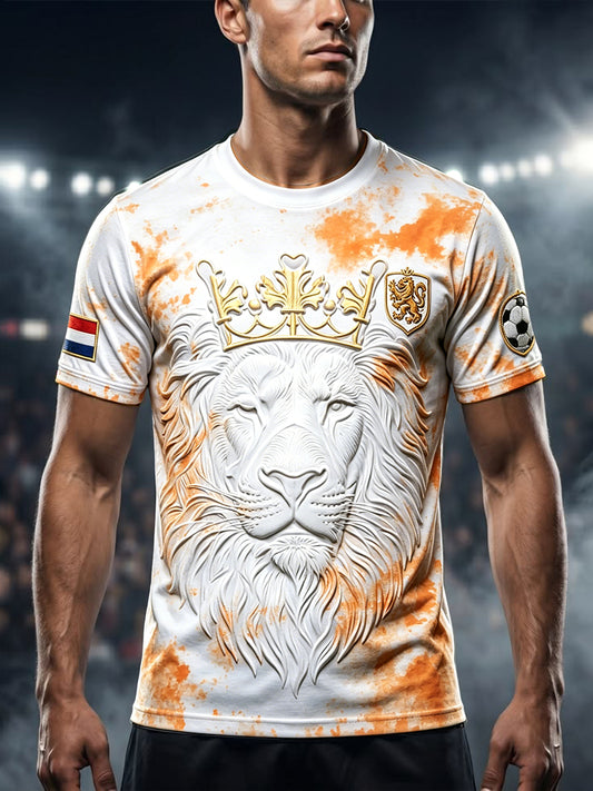 Wit graffiti casual T-shirt voor heren met 3D Nederlandse leeuwdruk
