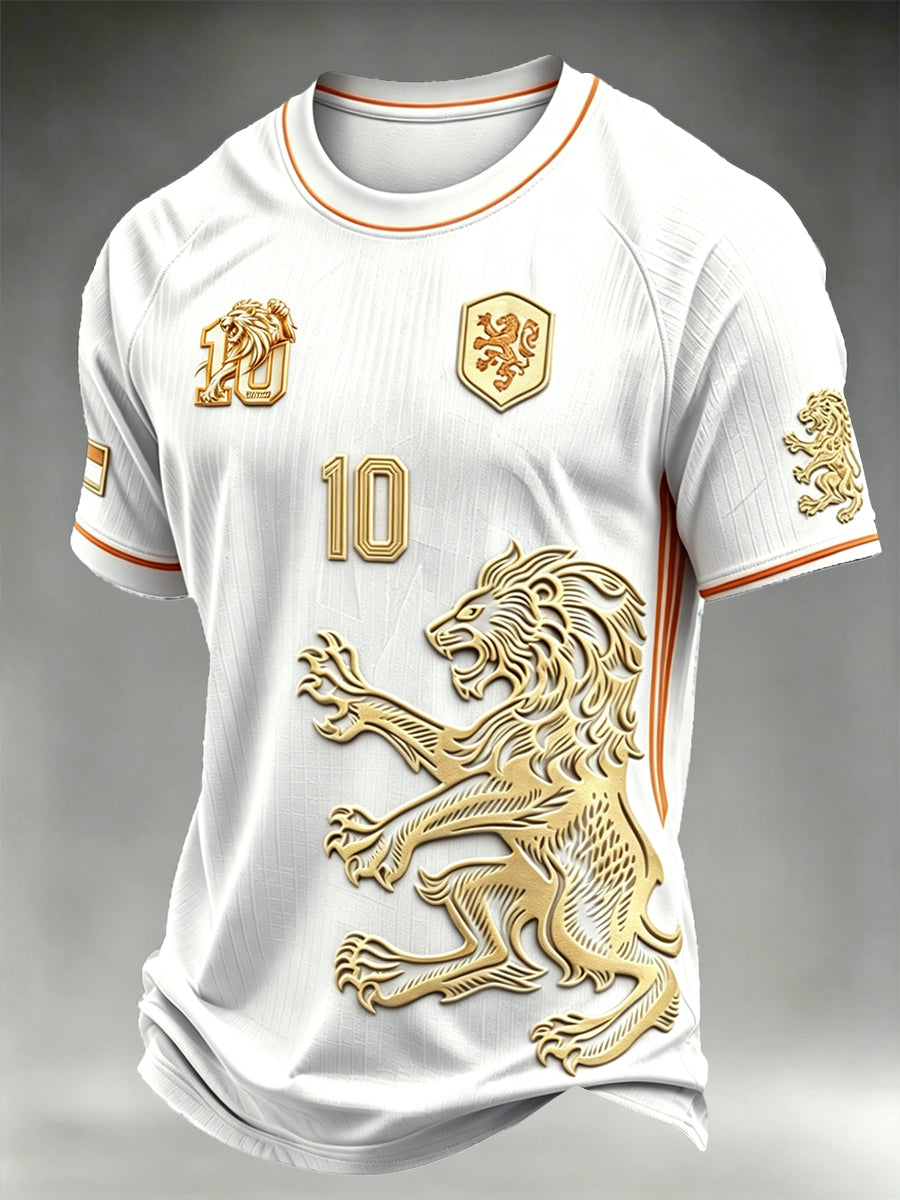 Heren Wit Nederlands Voetbal Leeuw Print Casual Drop-Shoulder T-Shirt