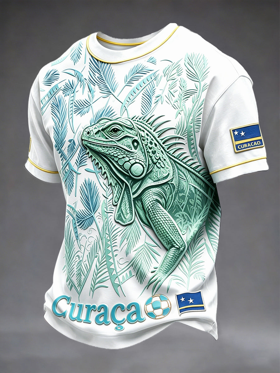 Wit Curaçao Voetbal Groen Leguaan Print Casual T-shirt