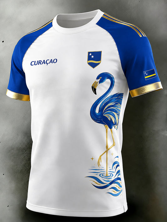 Heren-T-shirt met korte mouwen en raglanmouwen, bedrukt met een eilandvoetbalthema