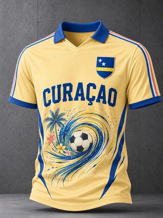 Herenpoloshirt met korte mouwen en print van eilandvoetbal