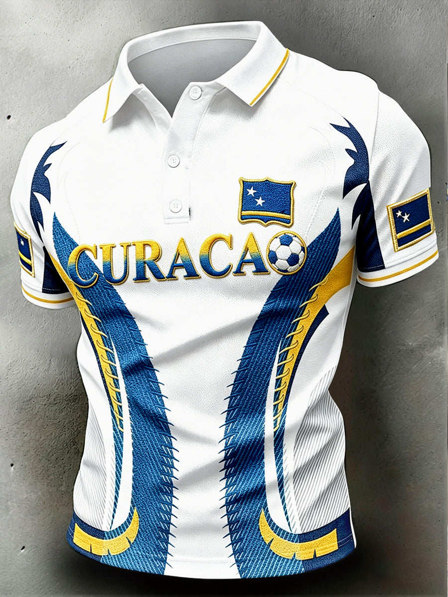 Wit Curaçao voetbalprint casual poloshirt voor heren