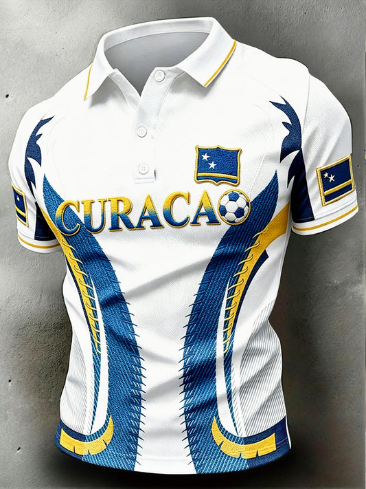 Wit Curaçao voetbalprint casual poloshirt voor heren
