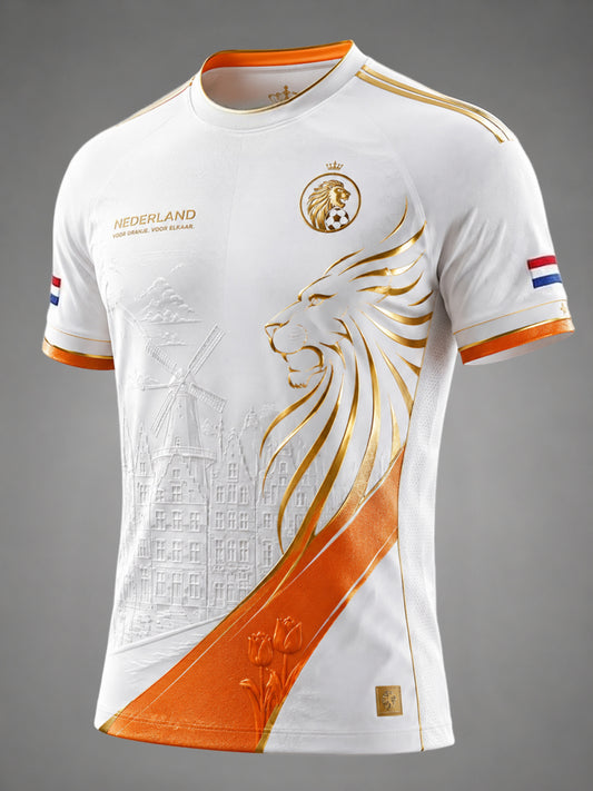 Retro Nederlands voetbal leeuw patchwork casual T-shirt