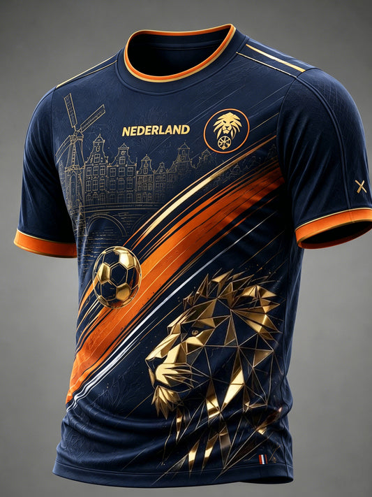 Retro Nederlandse voetballeeuw kunst casual T-shirt