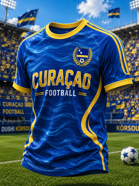 T-shirt voor heren met korte mouwen en raglanmouwen, bedrukt met voetbalthema
