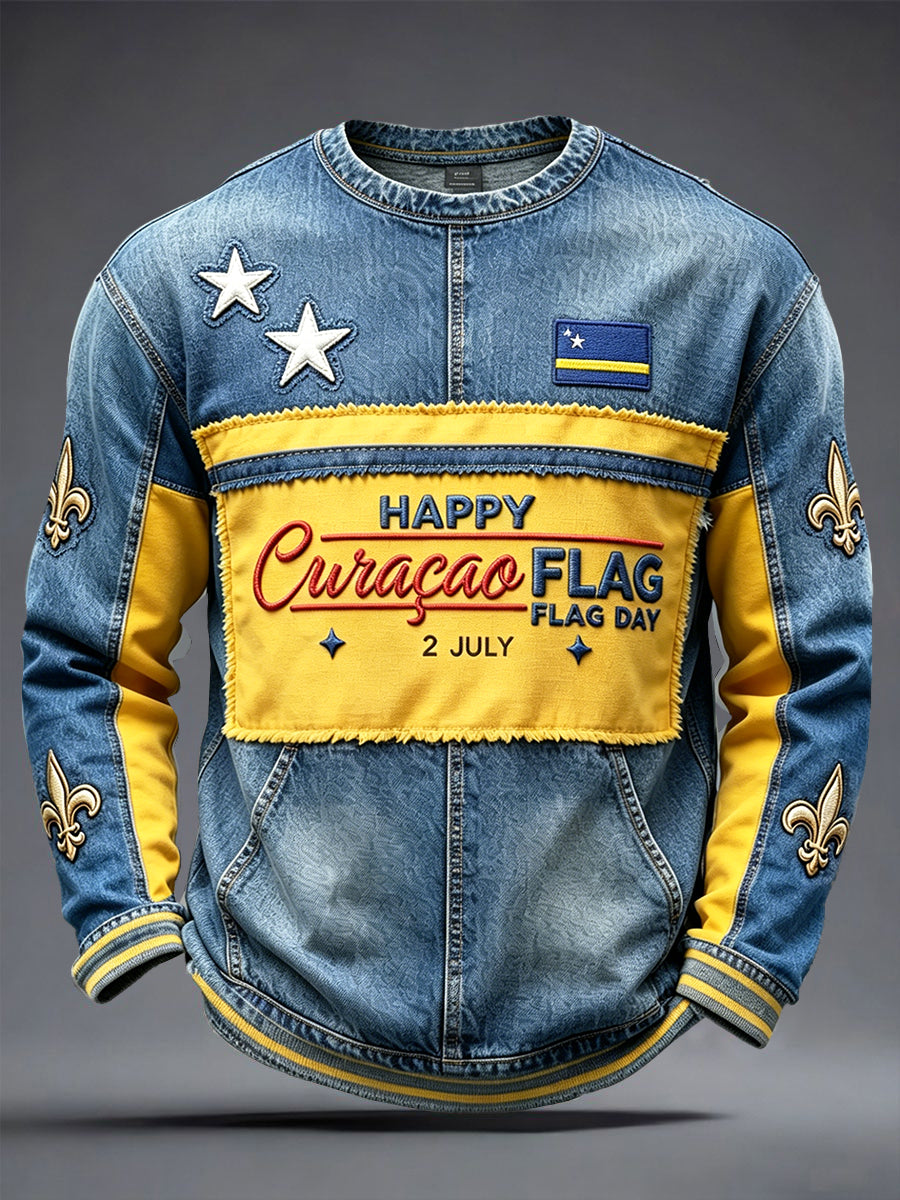 Casual heren-T-shirt met lange mouwen, retro patchworkprint en afbeelding van de vlag van Curaçao