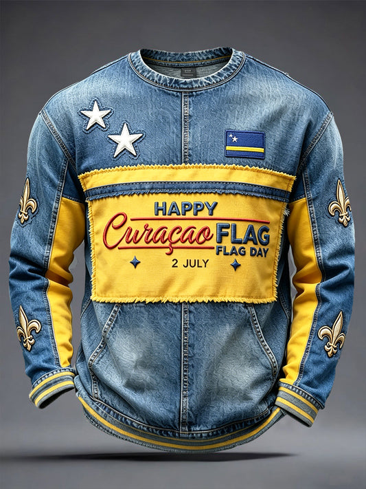 Casual heren-T-shirt met lange mouwen, retro patchworkprint en afbeelding van de vlag van Curaçao