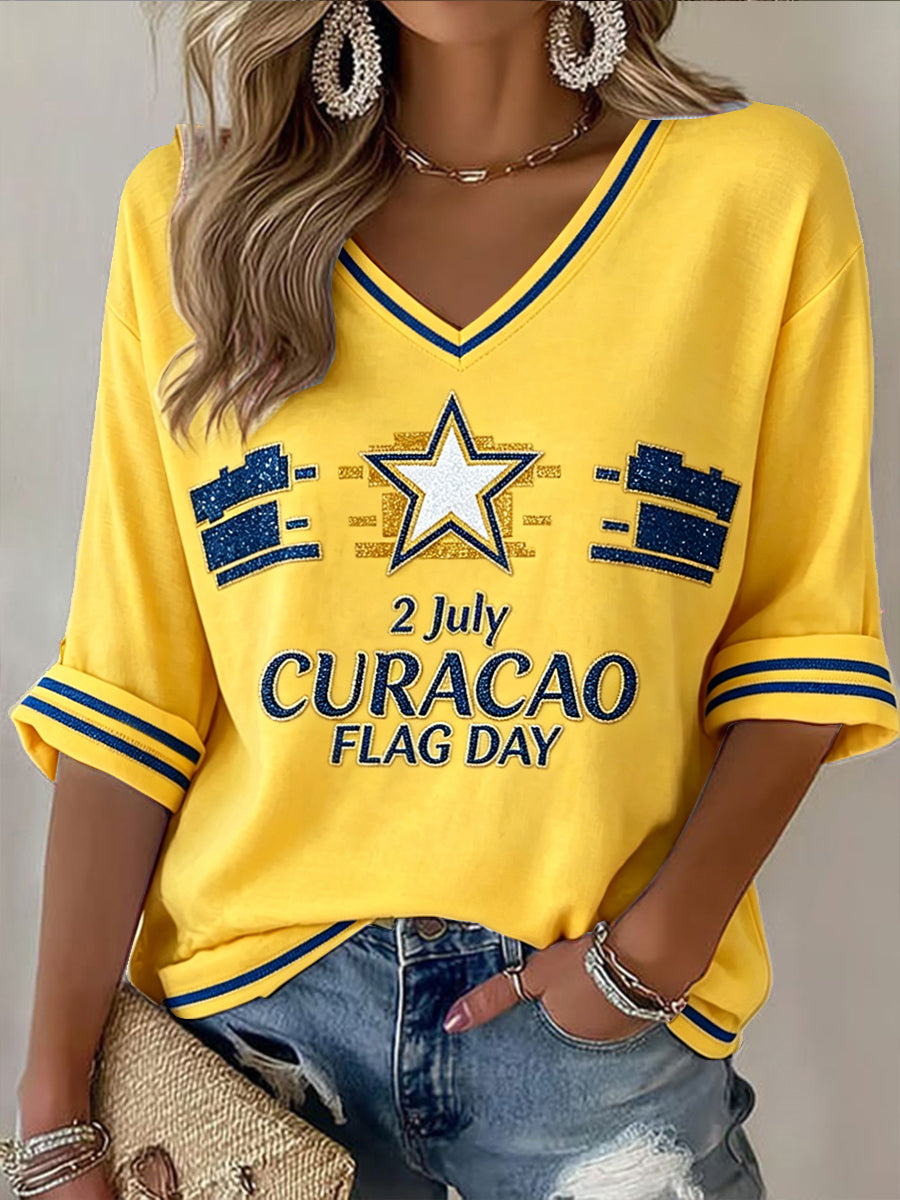 Damesgeel T-shirt met print van de vlag van Curaçao, casual, met V-hals