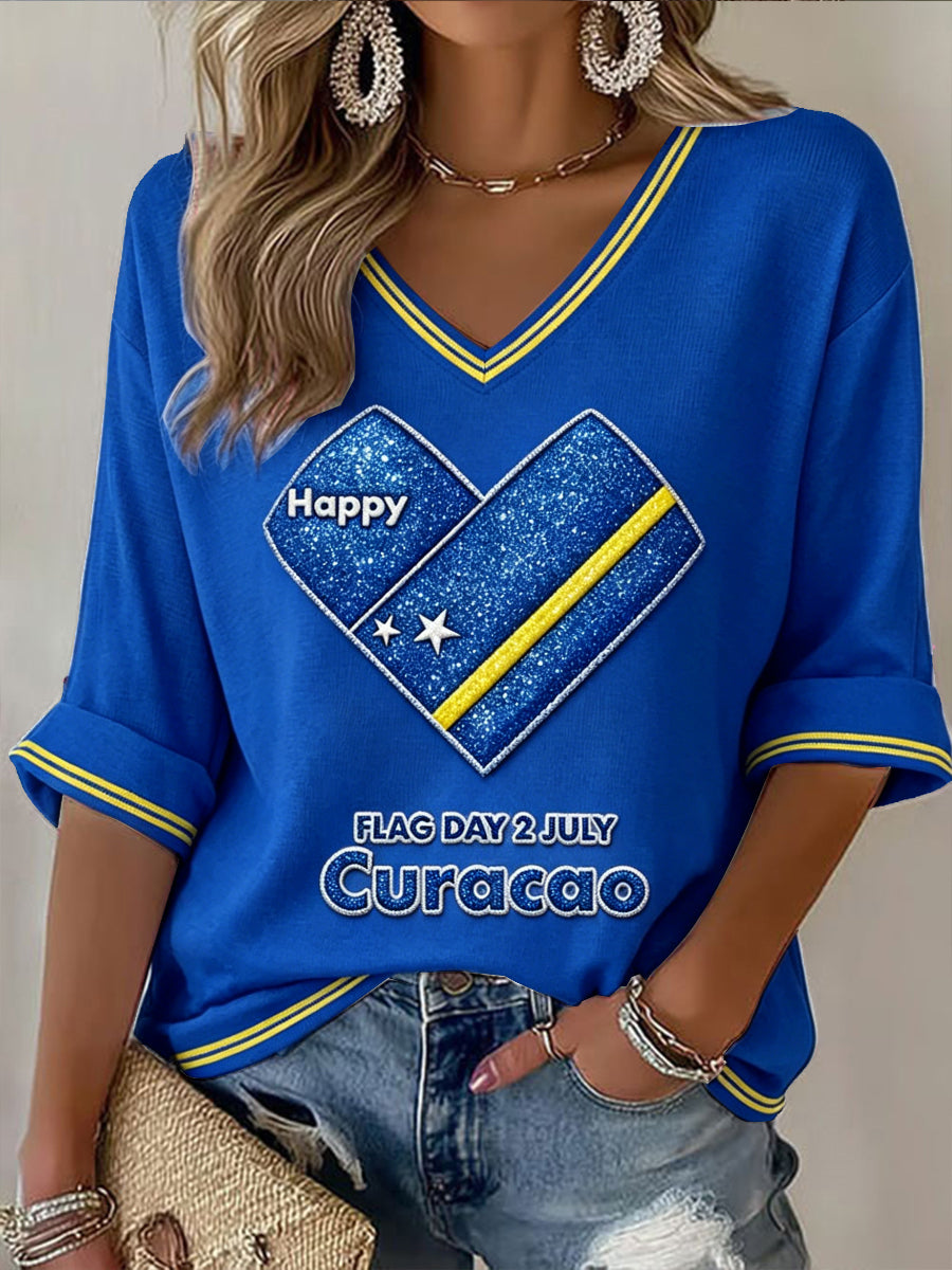 Dames T-shirt met vrijetijdsprint van de nationale vlag van Blauw Curaçao en V-hals