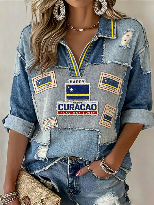 Damespoloshirt met vrijetijdsstijl, vintage denim patchworkprint en V-hals, geïnspireerd op de vlag van Curaçao