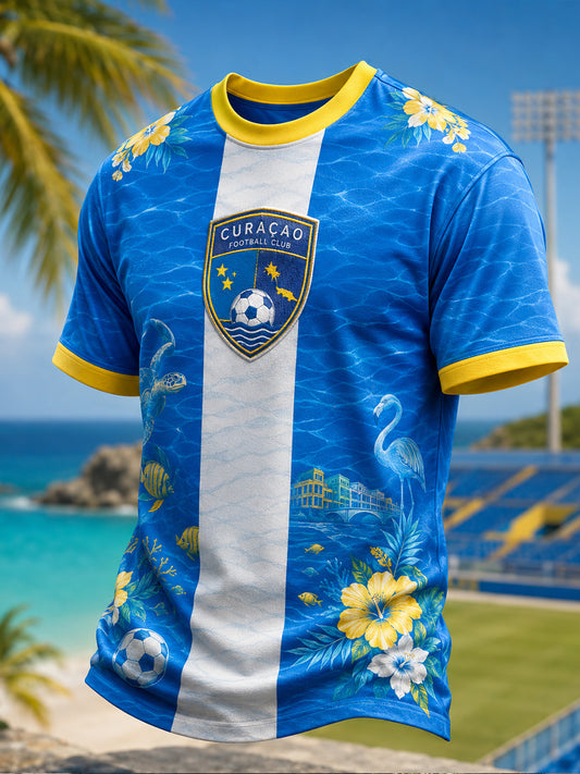 Casual T-shirt voor heren met print in eilandvoetbalthema en korte mouwen