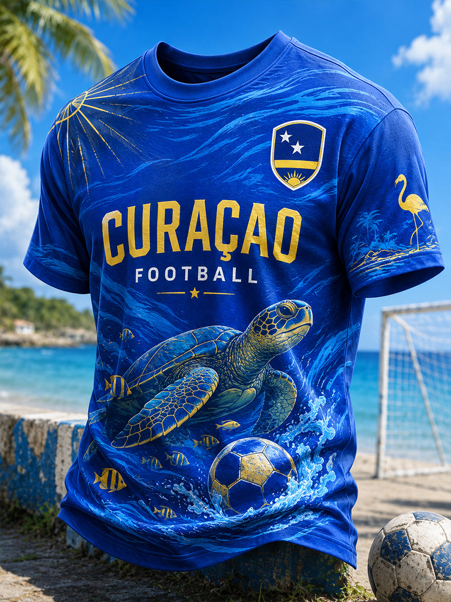 Casual T-shirt voor heren met print in eilandvoetbalthema en korte mouwen