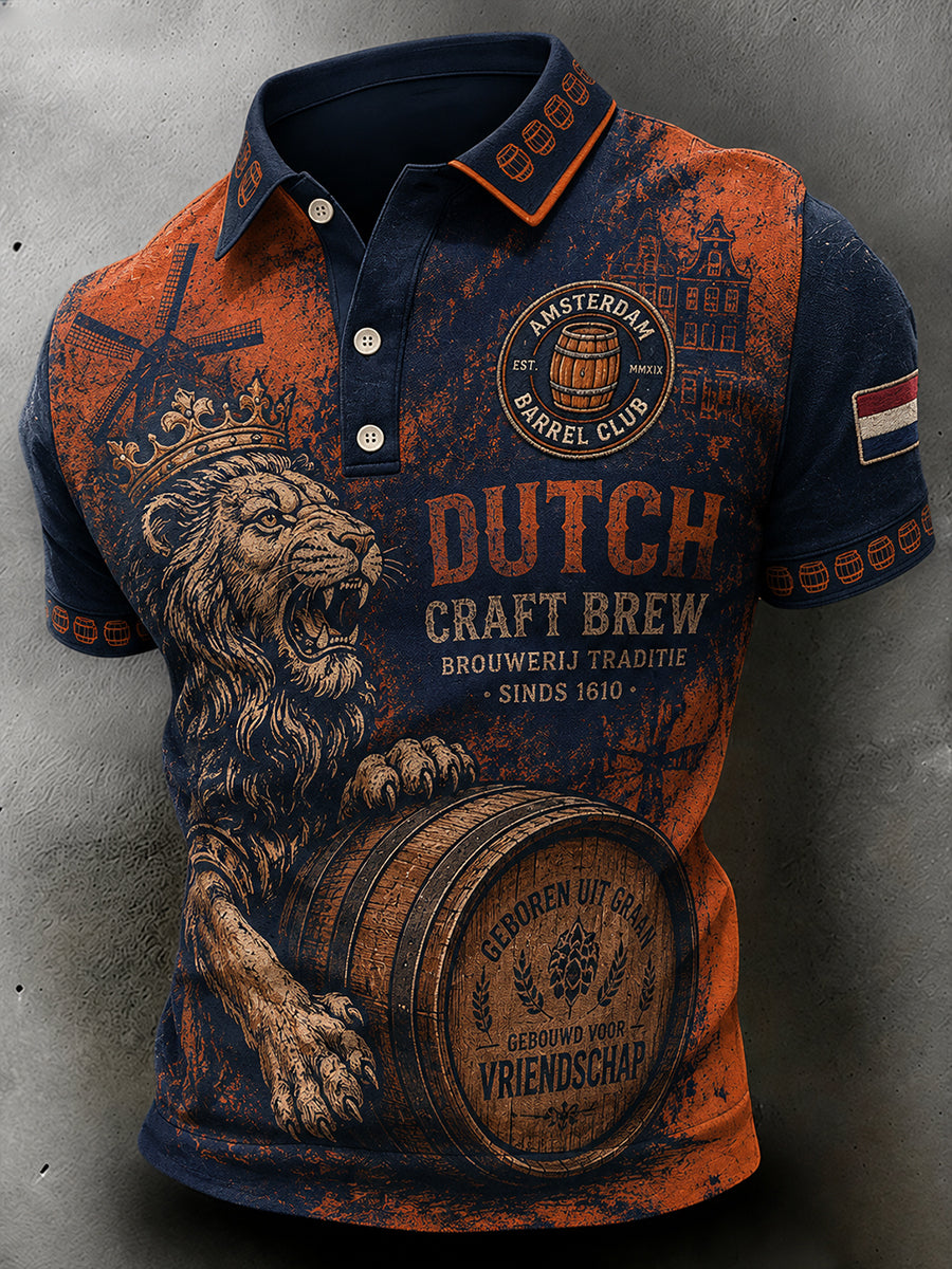 Herenpoloshirt in retrostijl met korte mouwen en print van een leeuw en bier
