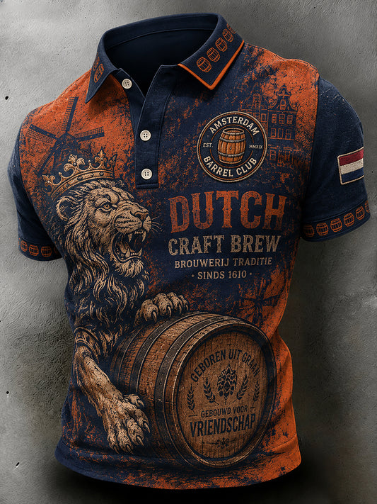 Herenpoloshirt in retrostijl met korte mouwen en print van een leeuw en bier