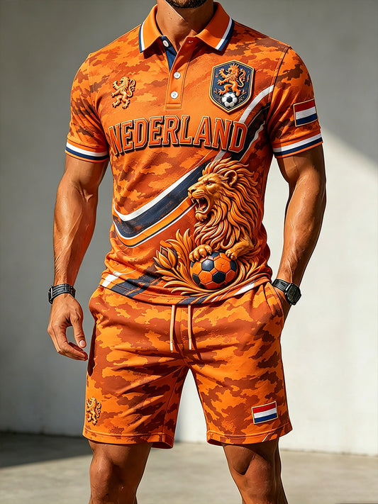 Herenpoloshirt met leeuwenprint en korte mouwen, set