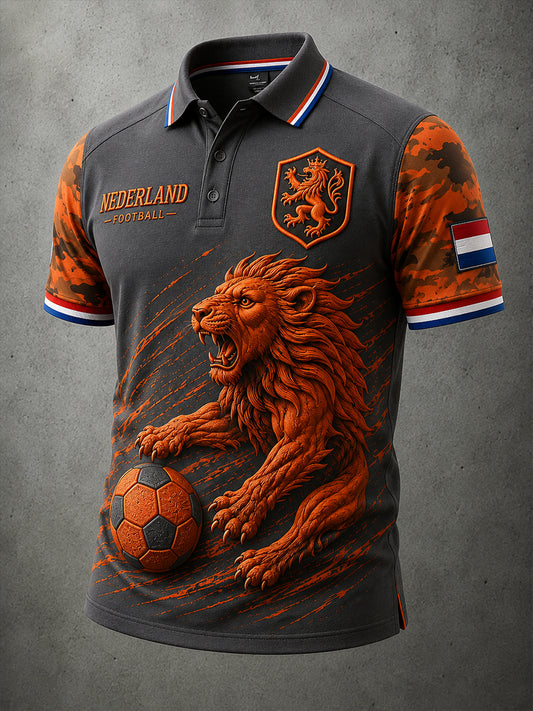 Herenpoloshirt met camouflage, leeuwen- en voetbalprint en korte mouwen
