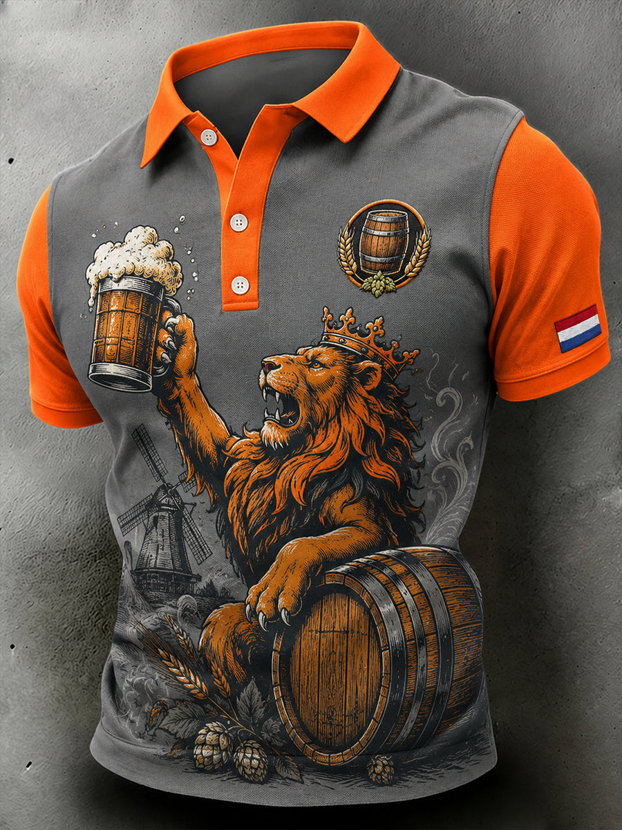 Heren retro poloshirt met korte mouwen met leeuw en bierprint