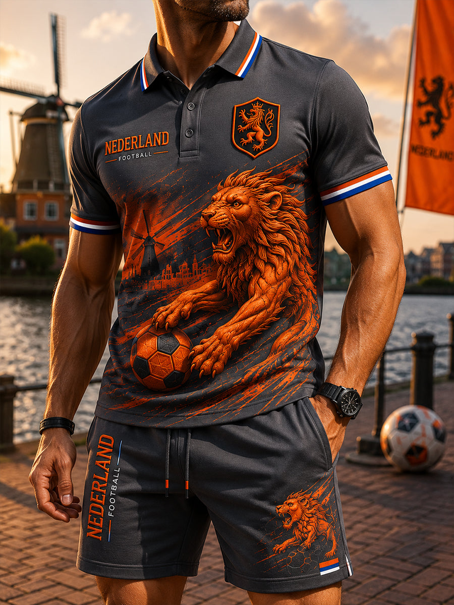 Herenpoloshirt met leeuwenprint en korte mouwen, set